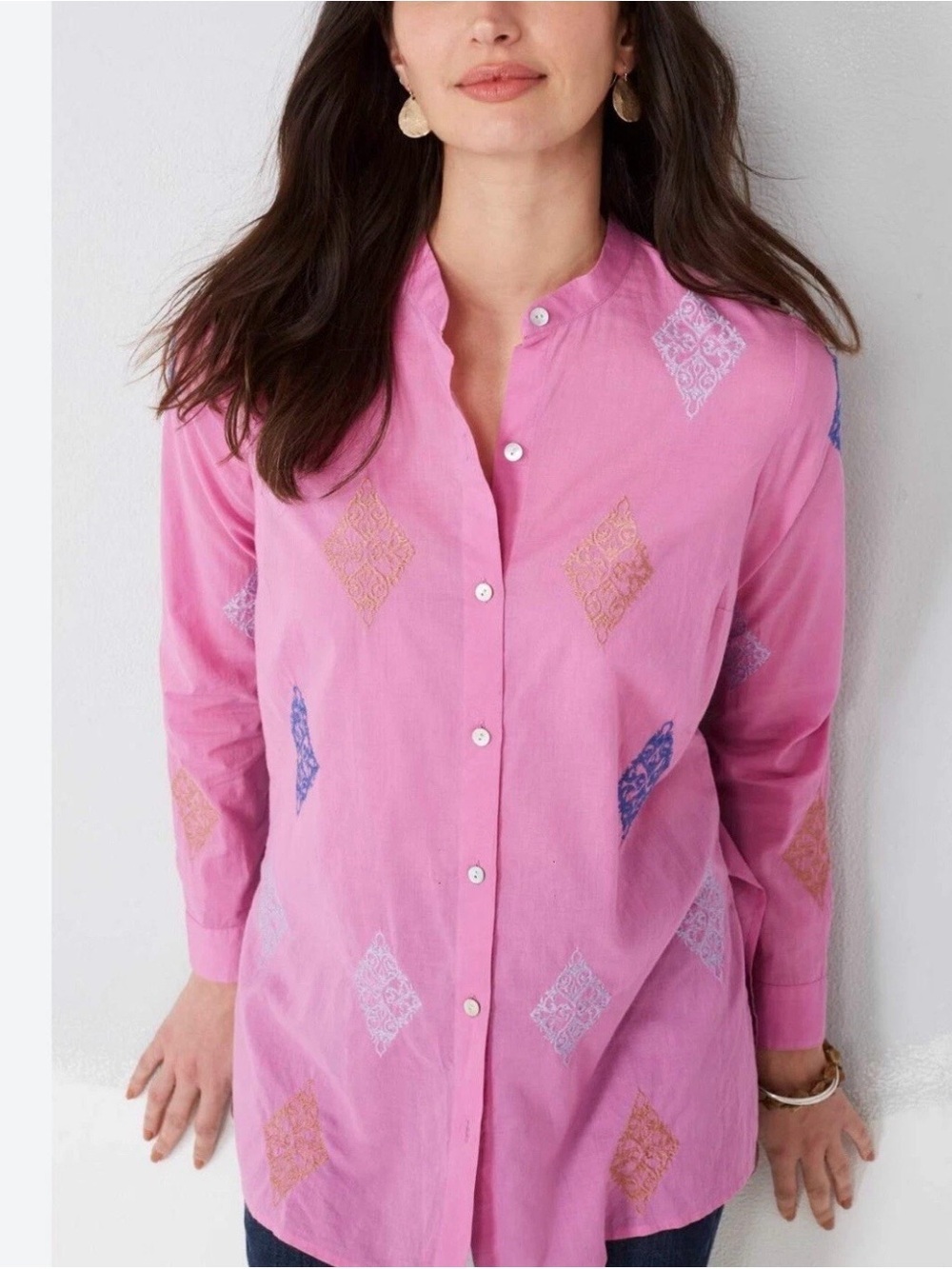 J.Jill Pink Embroidered Medallion Button Down Tunic Shirt Size S